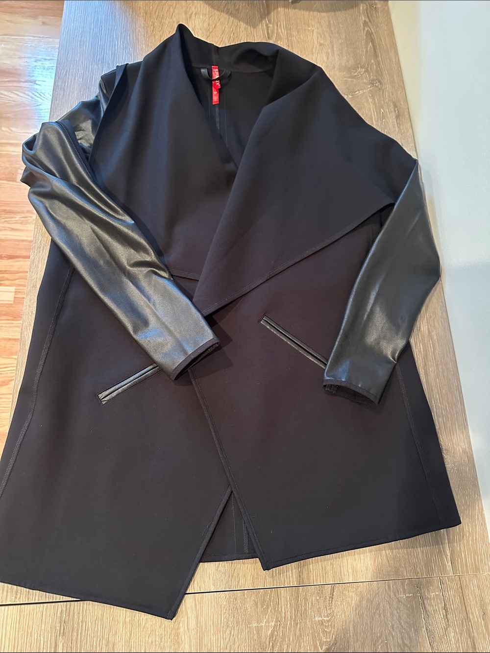 SPANX Black Open-Front Trench with Faux Leather Sleeves